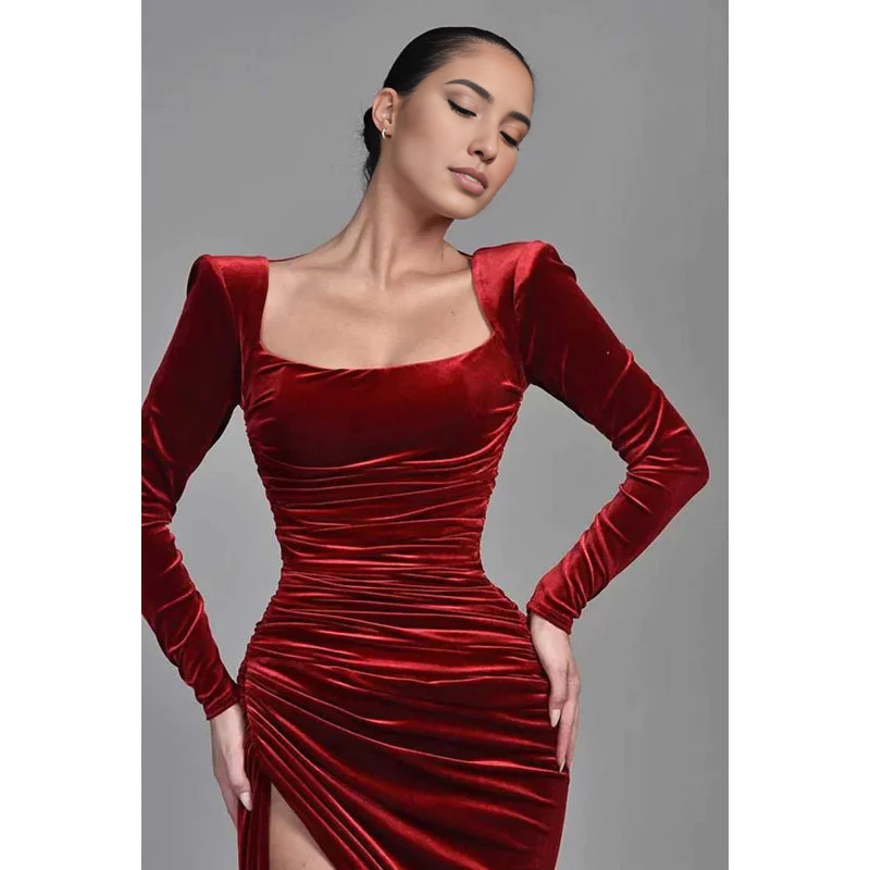 Vestido Weitese de terciopelo con escote cuadrado y mangas largas, vestido de noche largo con abertura para fiesta.